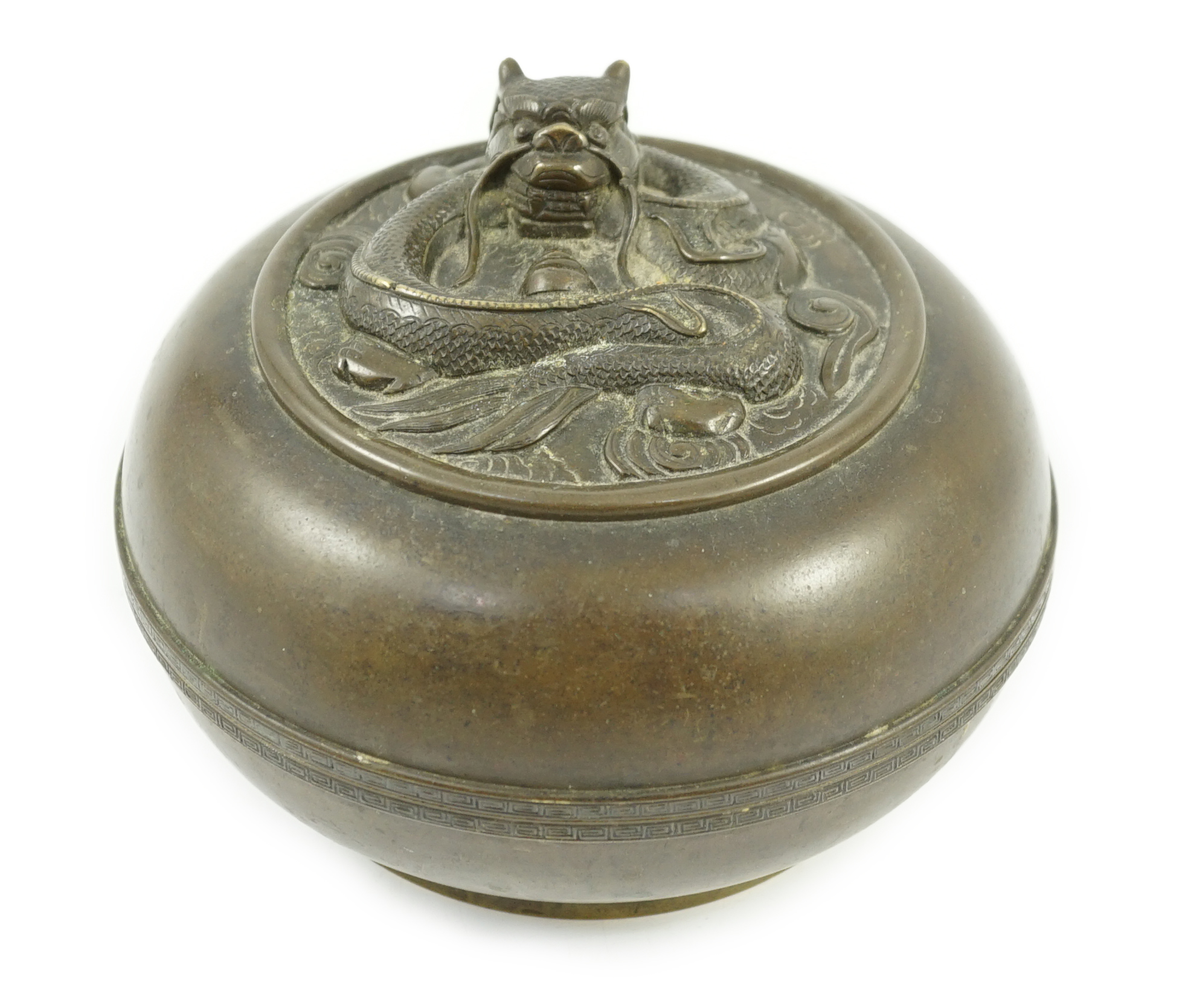 A Chinese bronze 'dragon' circular incense box and cover, Xuande seal mark, 18th/19th century